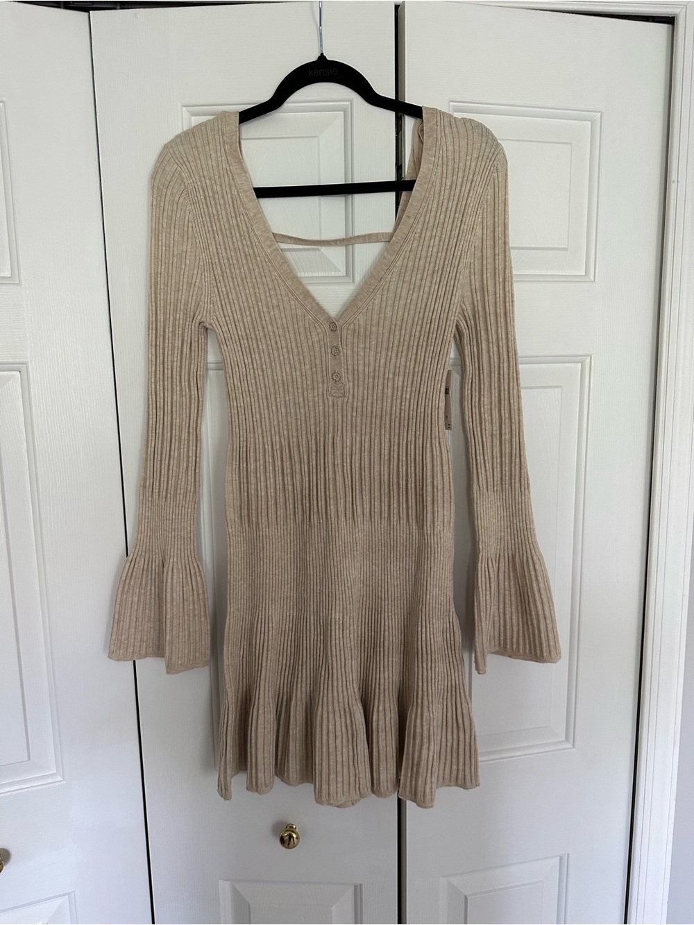 Anthropologie Beige Ribbed V-Neck Knit Dress